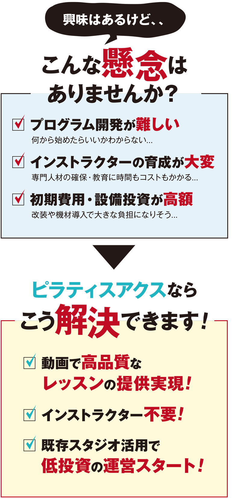 こんな懸念はありませんか?
ピラティスアクスなら
動画で高品質なレッスンの提供実現!インストラクター不要!